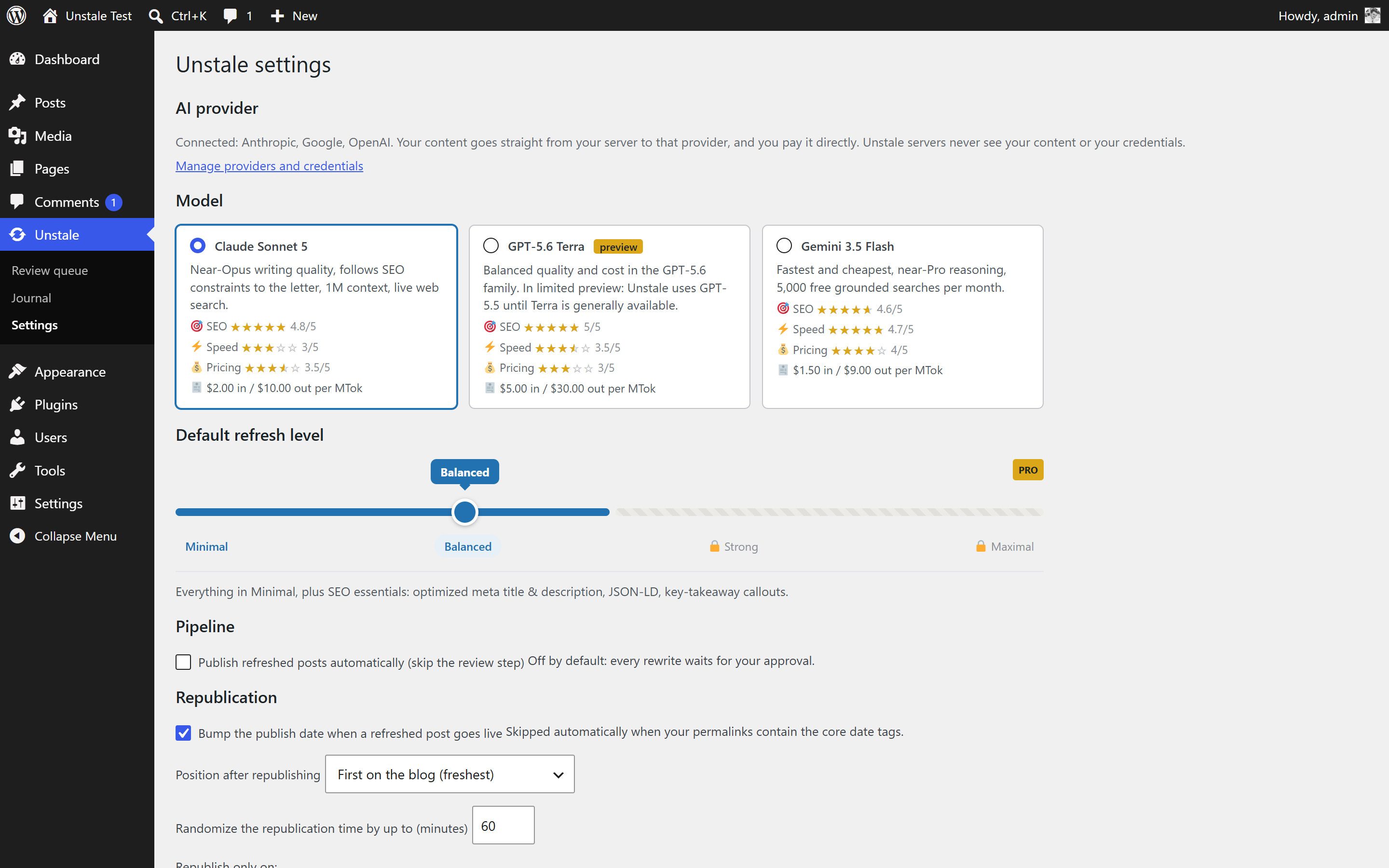 Settings: connected AI provider and model cards