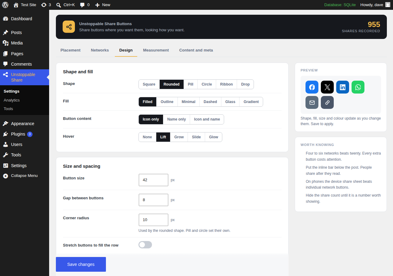 Settings, with a live preview that updates as you change shape, fill and colour.