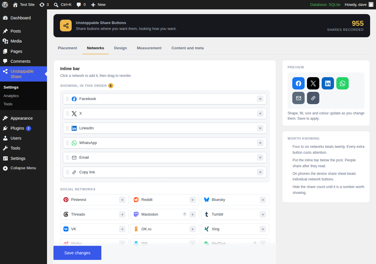 The network picker: click to add, drag to reorder.