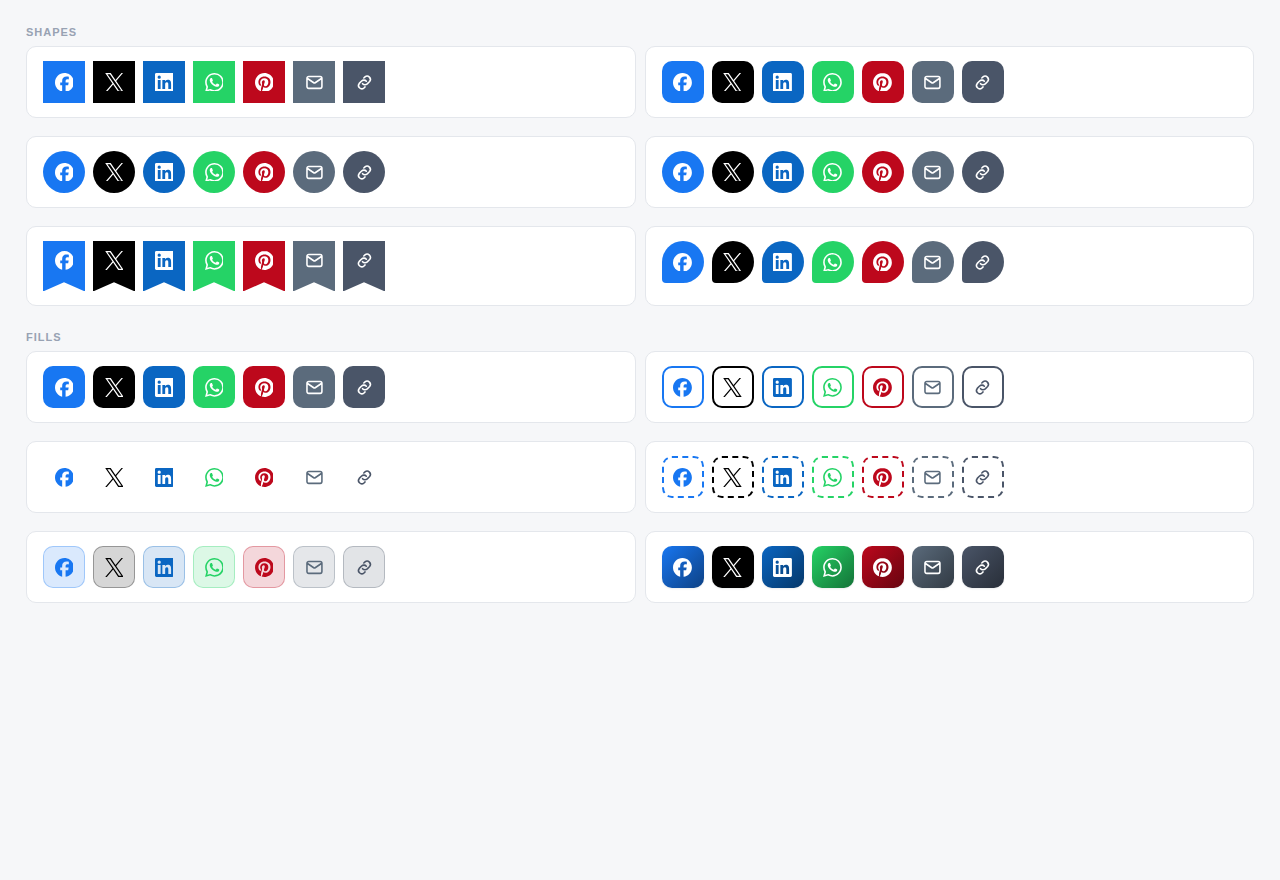 Inline share bars in six shapes and six fills.