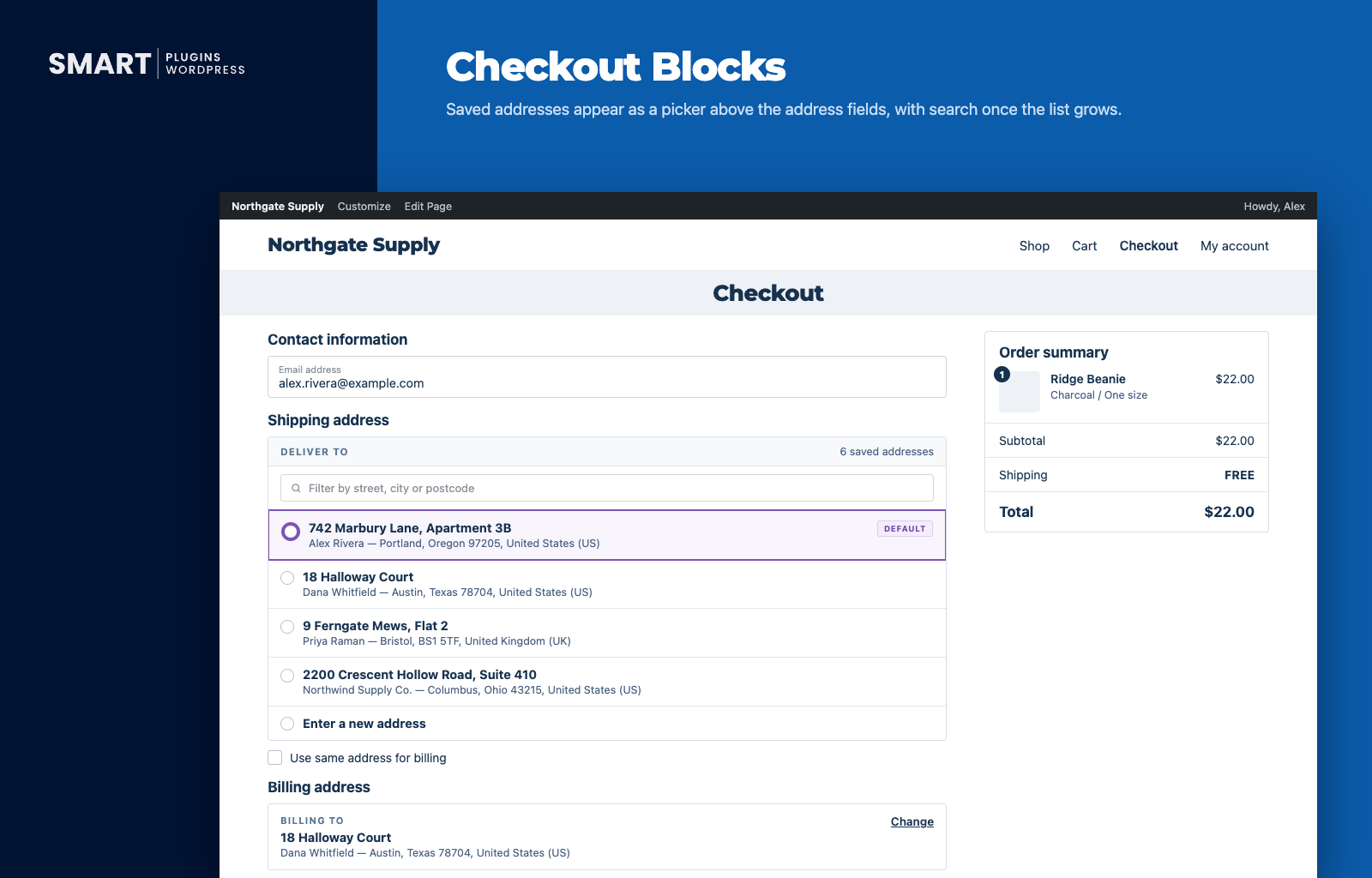 Checkout Blocks — the saved-address picker appears above the native shipping and billing fields, with search once the list grows and an "Enter a new address" option.