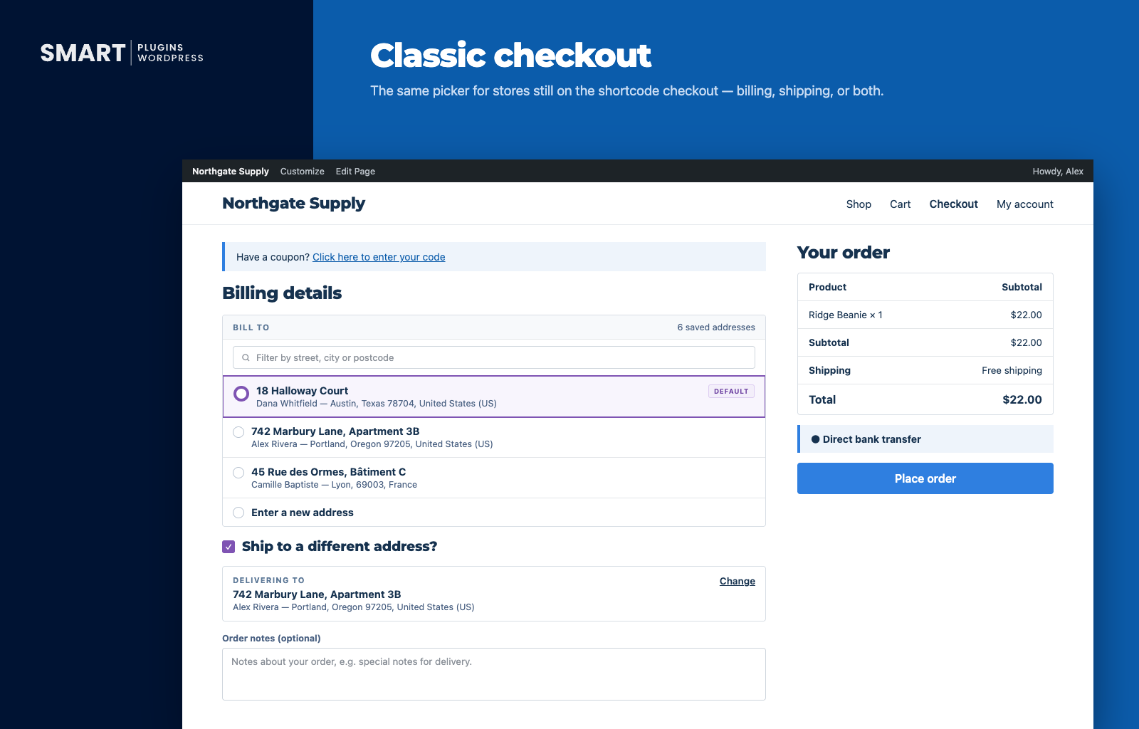 Classic checkout — the identical picker, search, and labels on the shortcode-based checkout for stores that haven't moved to Checkout Blocks.