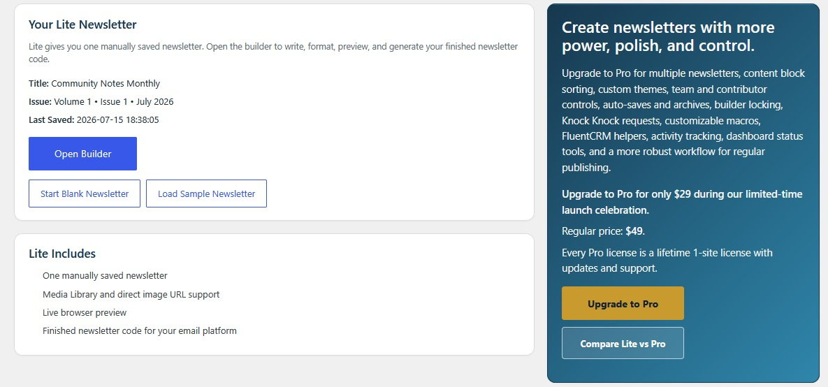 Easy Newsletter Builder Lite dashboard with newsletter status and upgrade option.