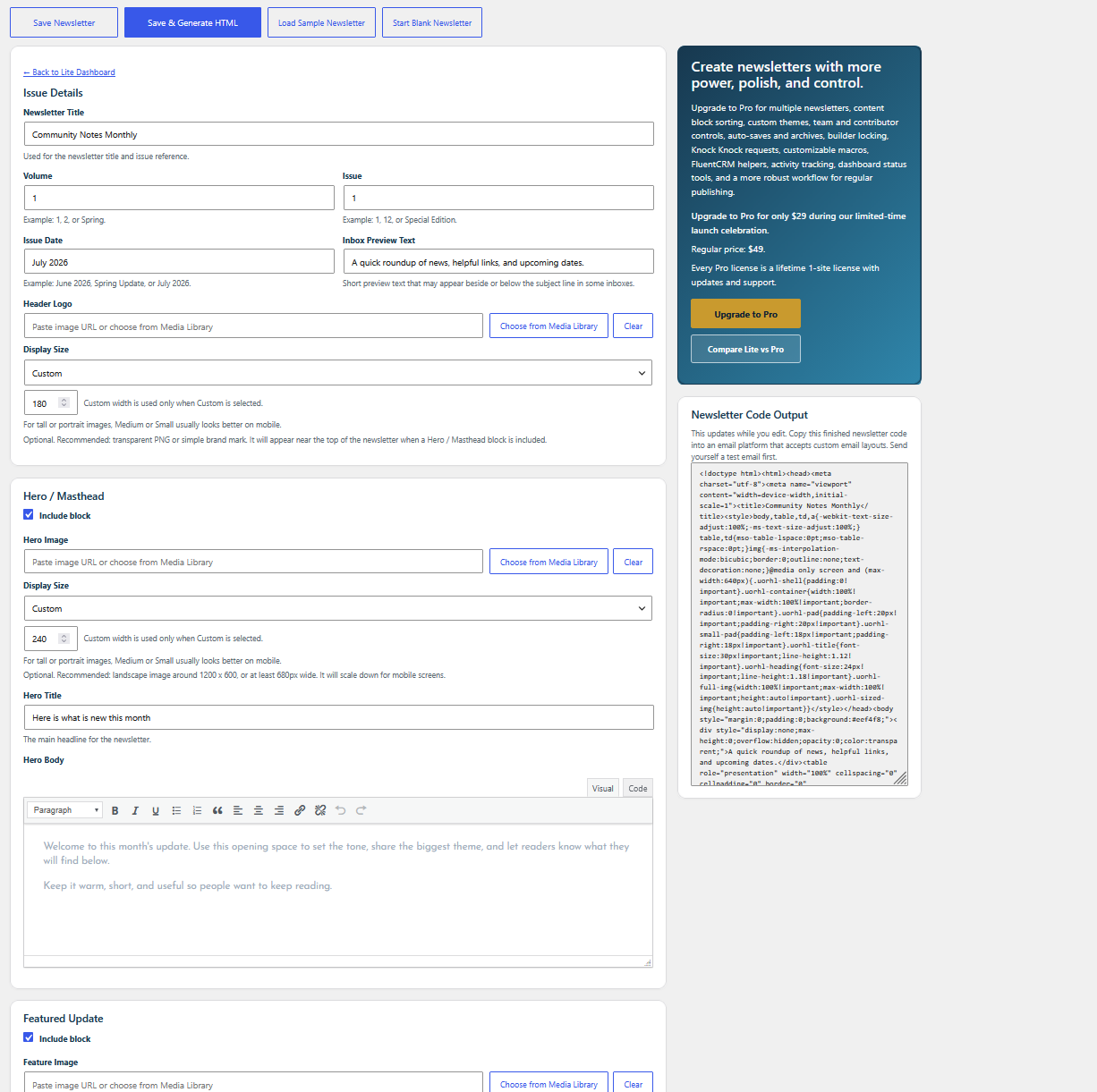 Guided newsletter builder with Issue Details, rich editor fields, and finished newsletter output.