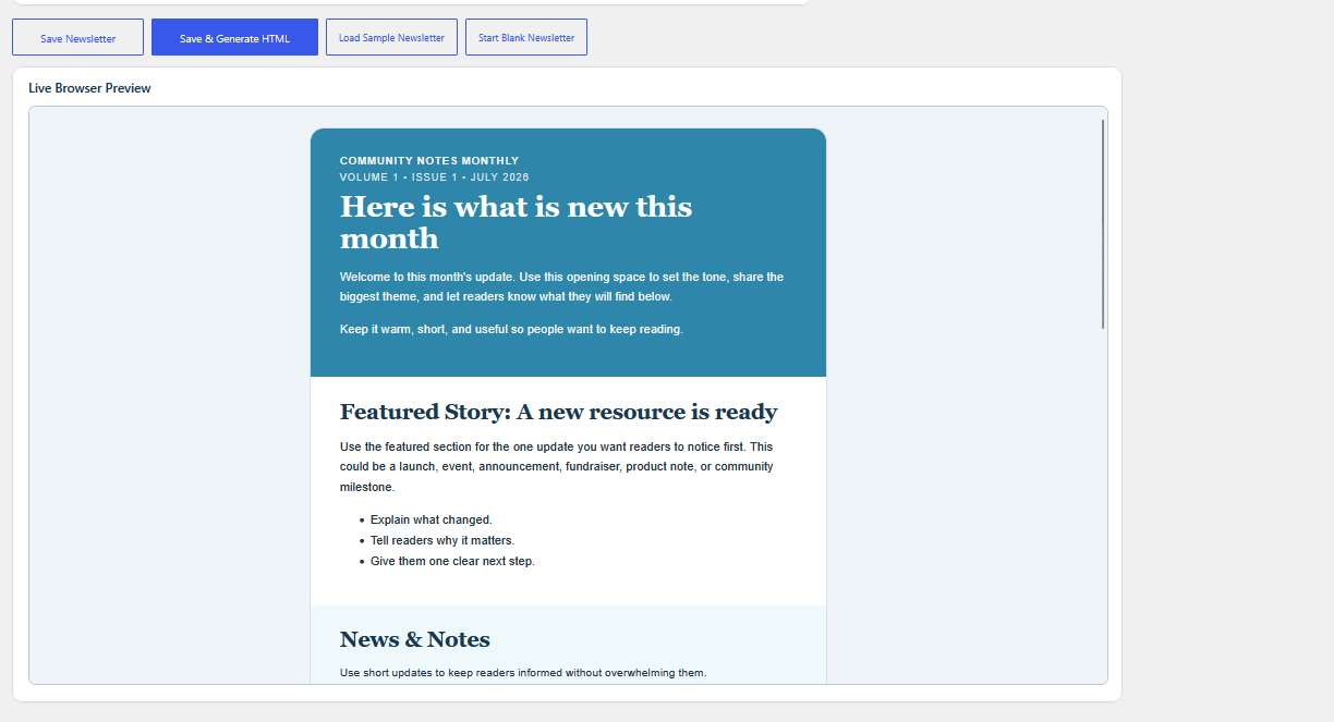 Live browser preview showing the generated newsletter layout.