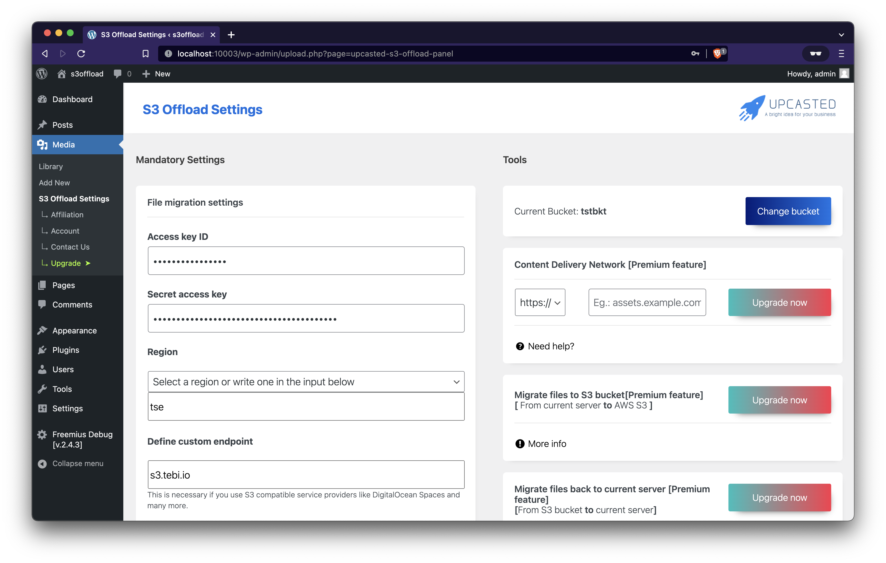 Settings panel for Upcasted S3 Offload