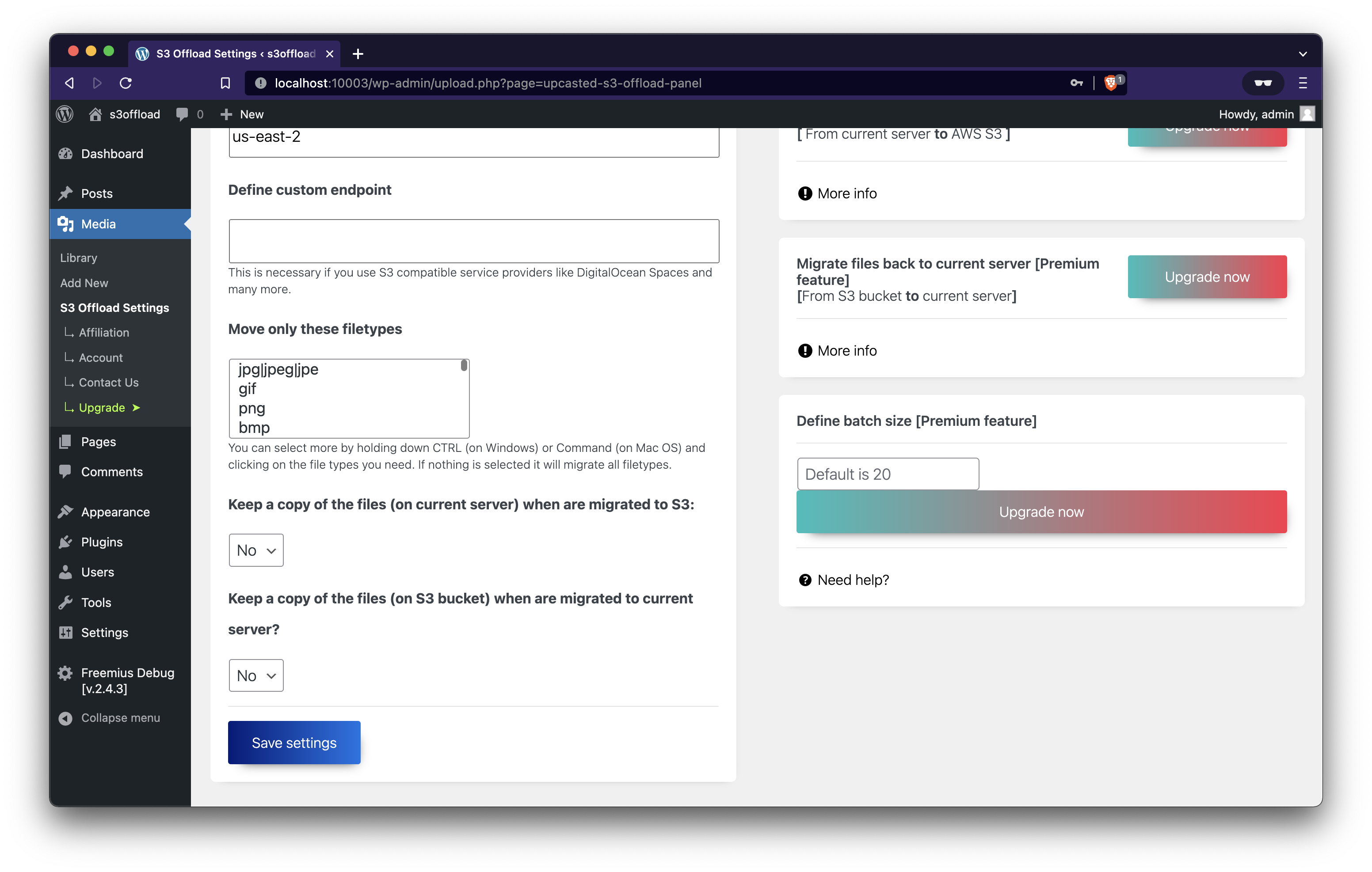 Settings panel for Upcasted S3 Offload