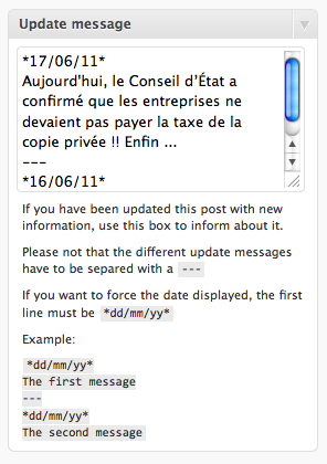 Configuration of the update box in a post