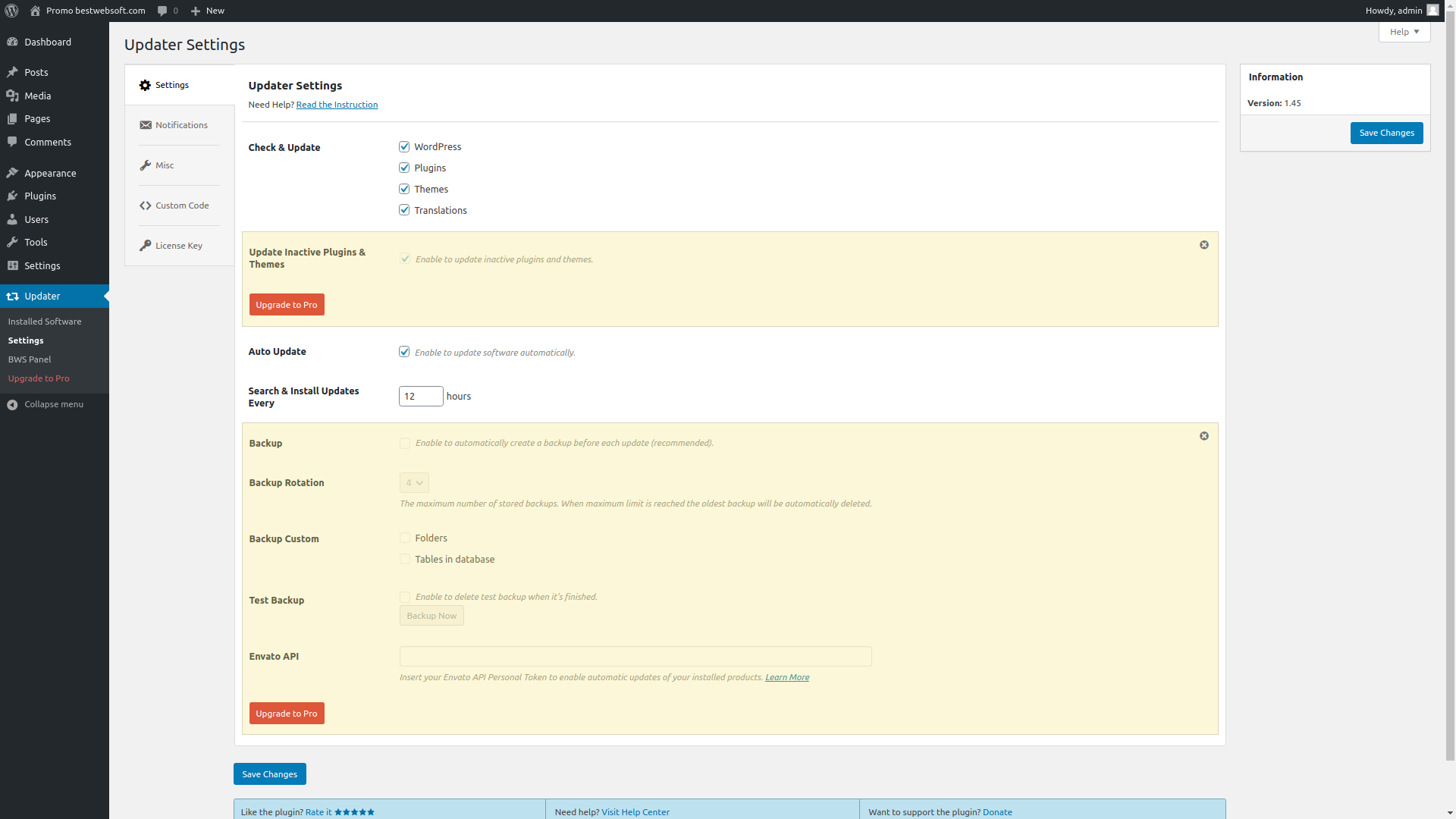 Updater Settings page.