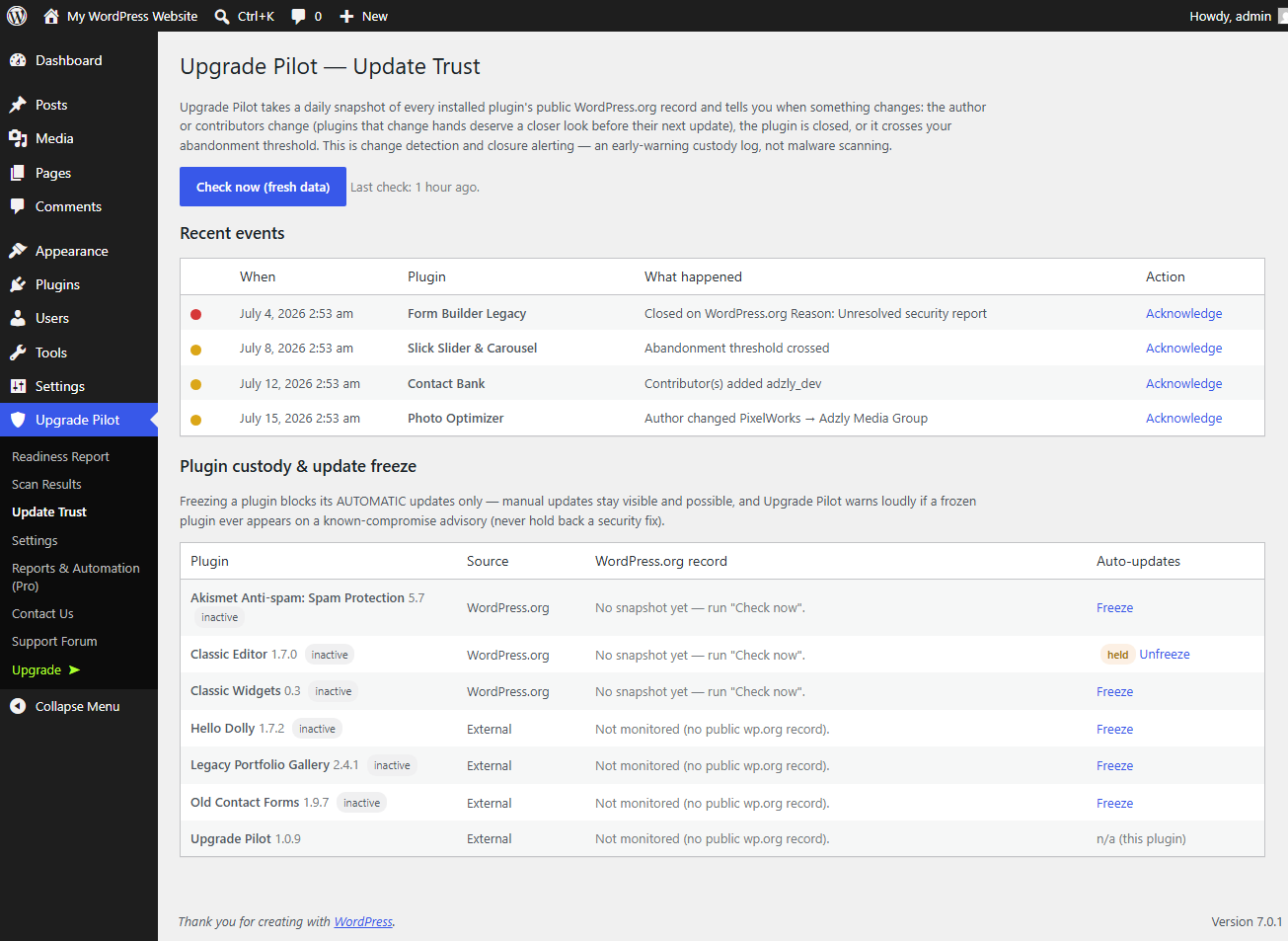 Update trust: ownership changes, closures, and abandoned plugins, with per-plugin update freeze