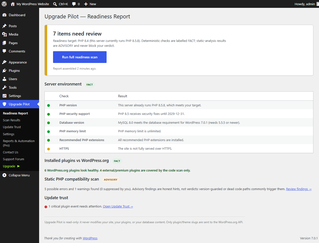 The readiness report: server checks and the WordPress.org cross-reference