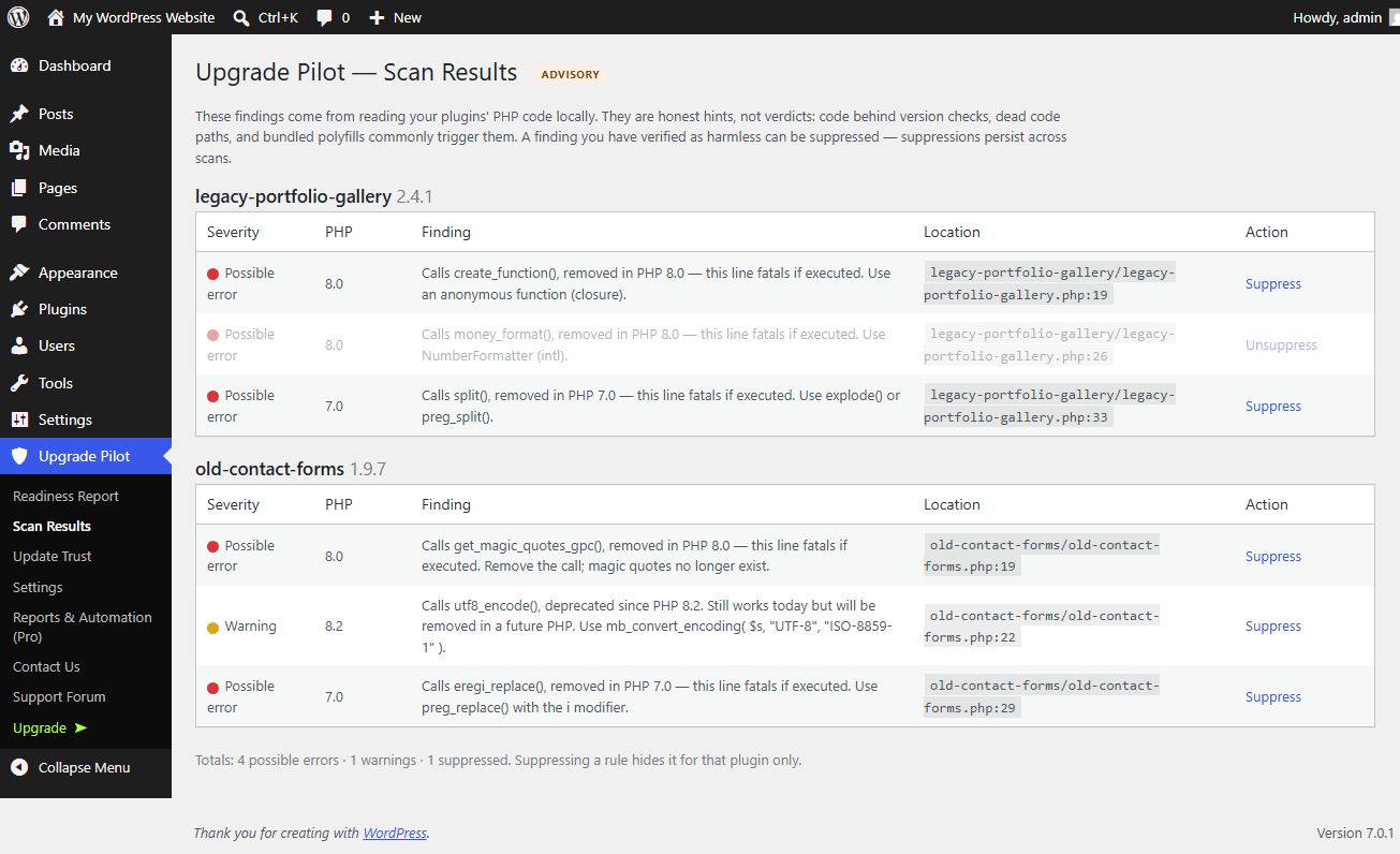 Static PHP compatibility findings, with per-finding suppression