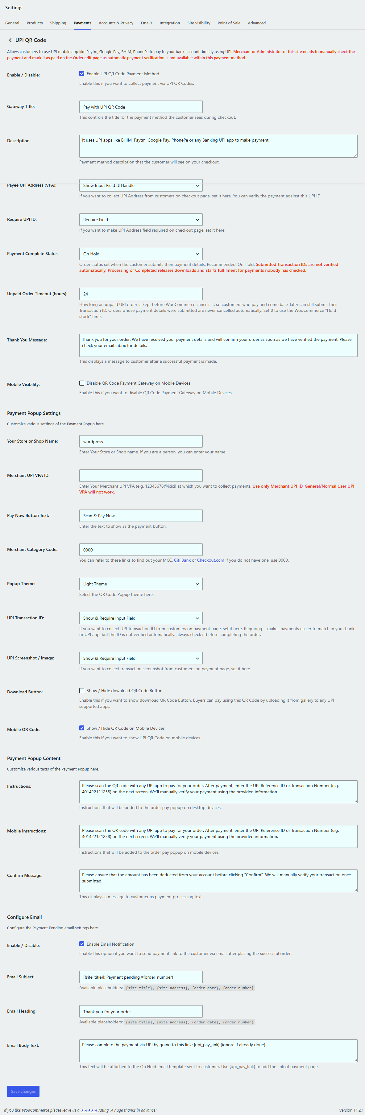 Gateway settings under WooCommerce > Settings > Payments > UPI QR Code.