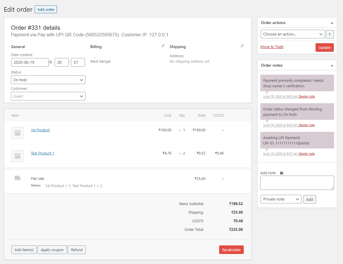The order waits On Hold, with the payment details, until the shop owner verifies the payment.