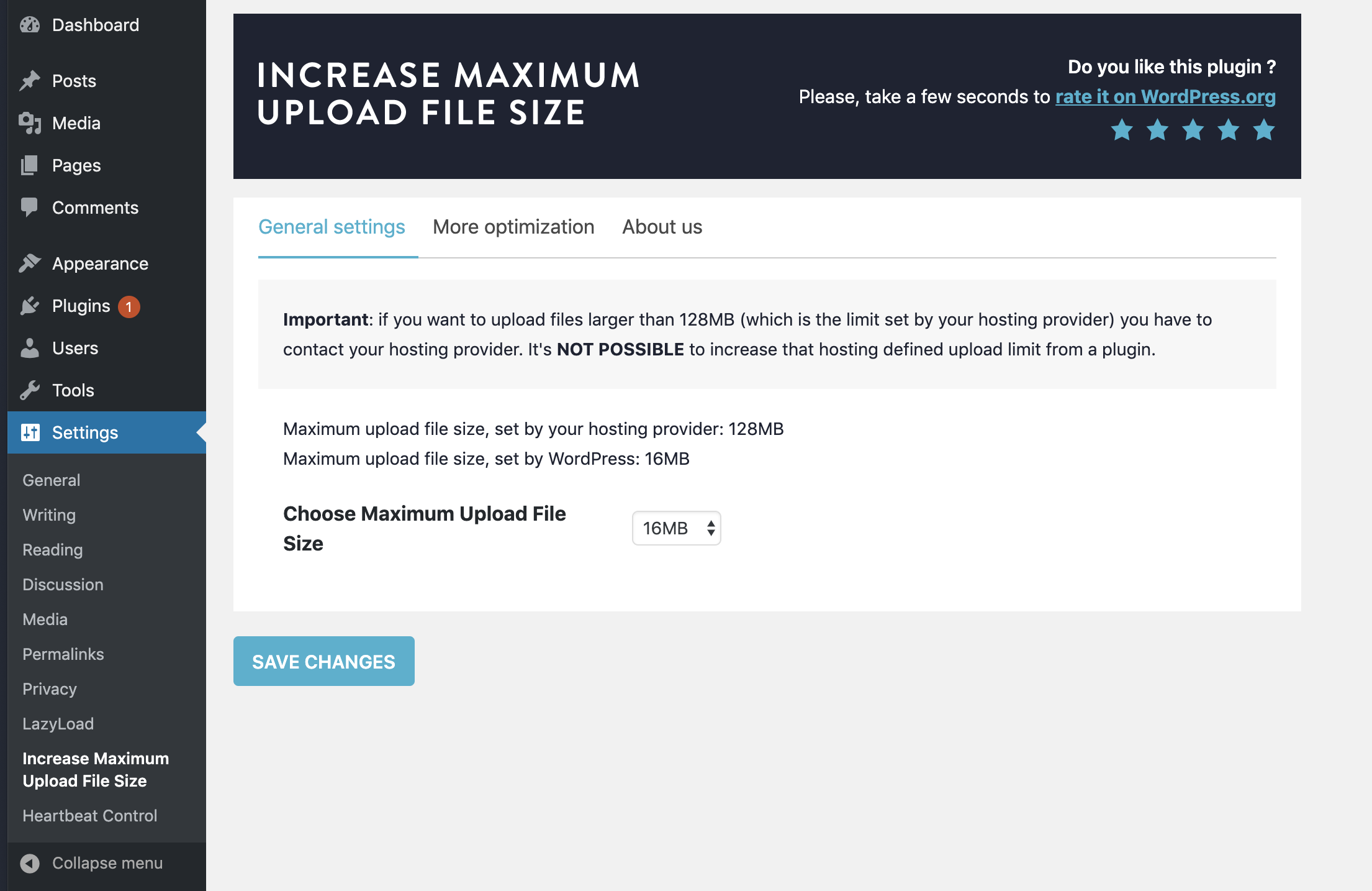 Increase maximum file upload size with one click