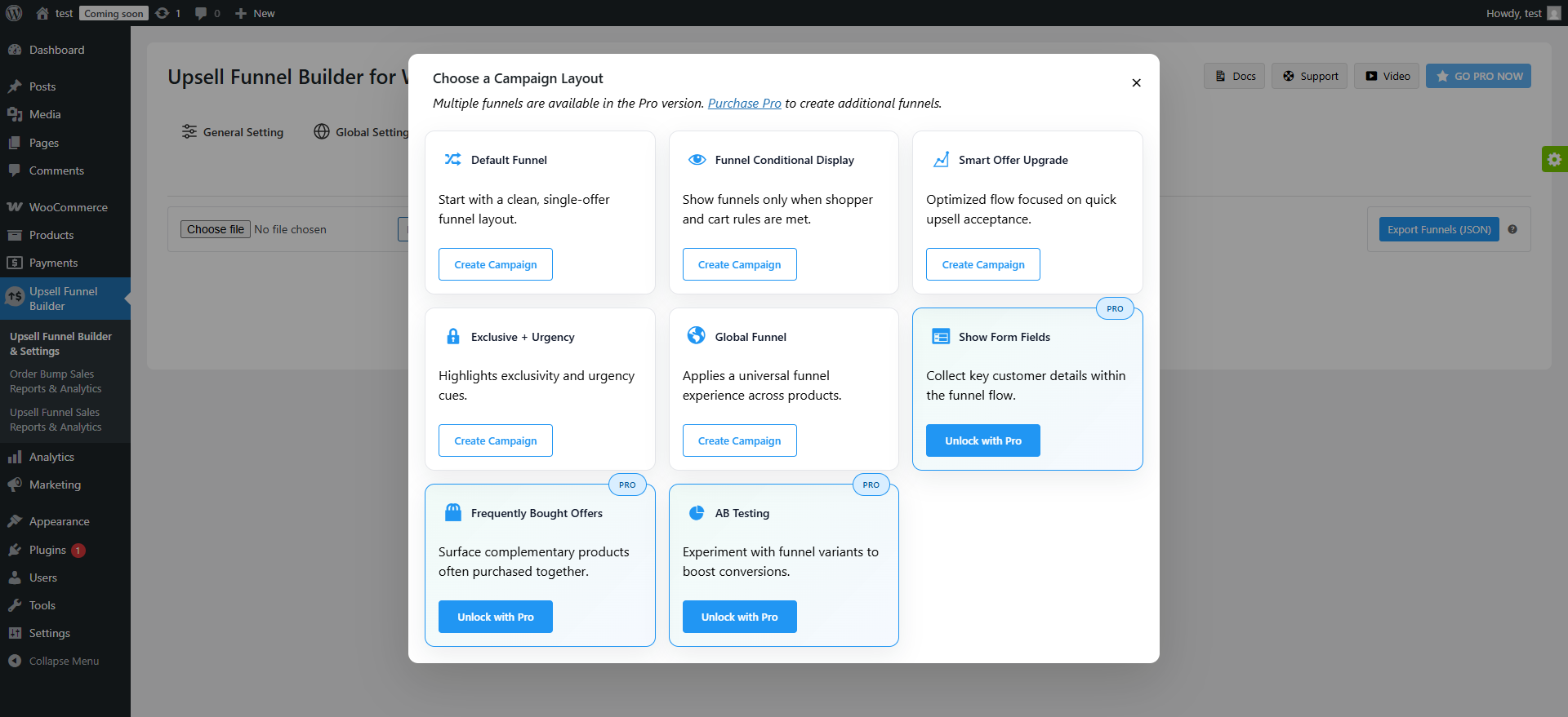One- Click Settings - Select Campaigns Layout