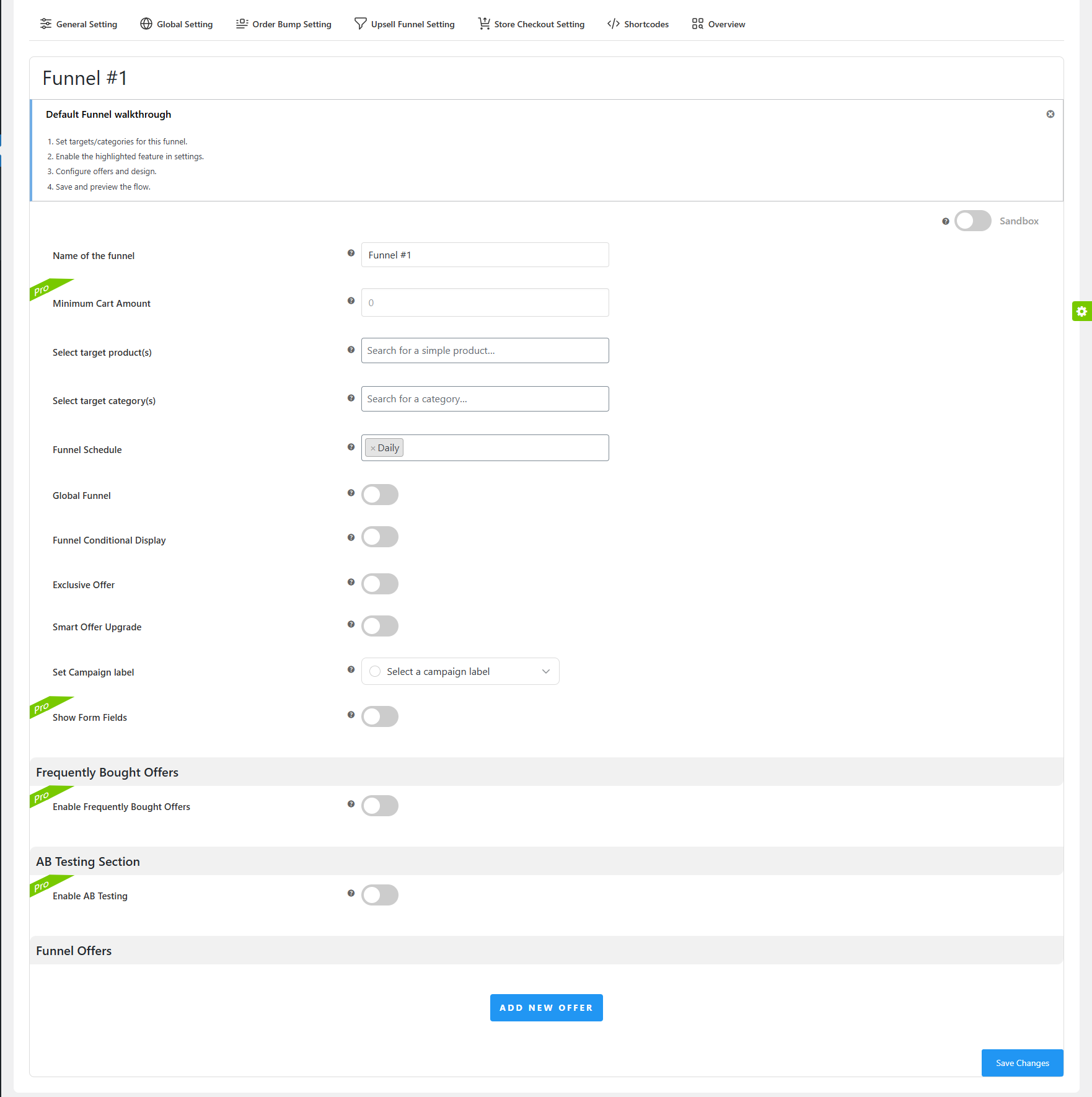 One Click Settings – Save Funnel Settings – Upsell Funnel Settings