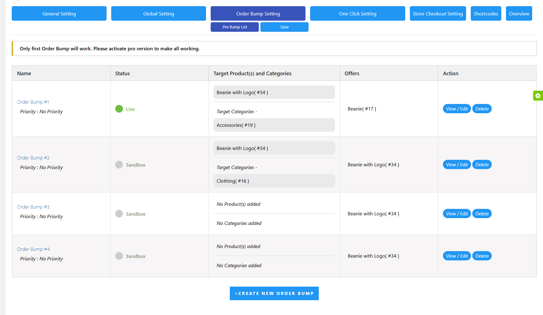 Order Bump Settings - Pre-Bump List