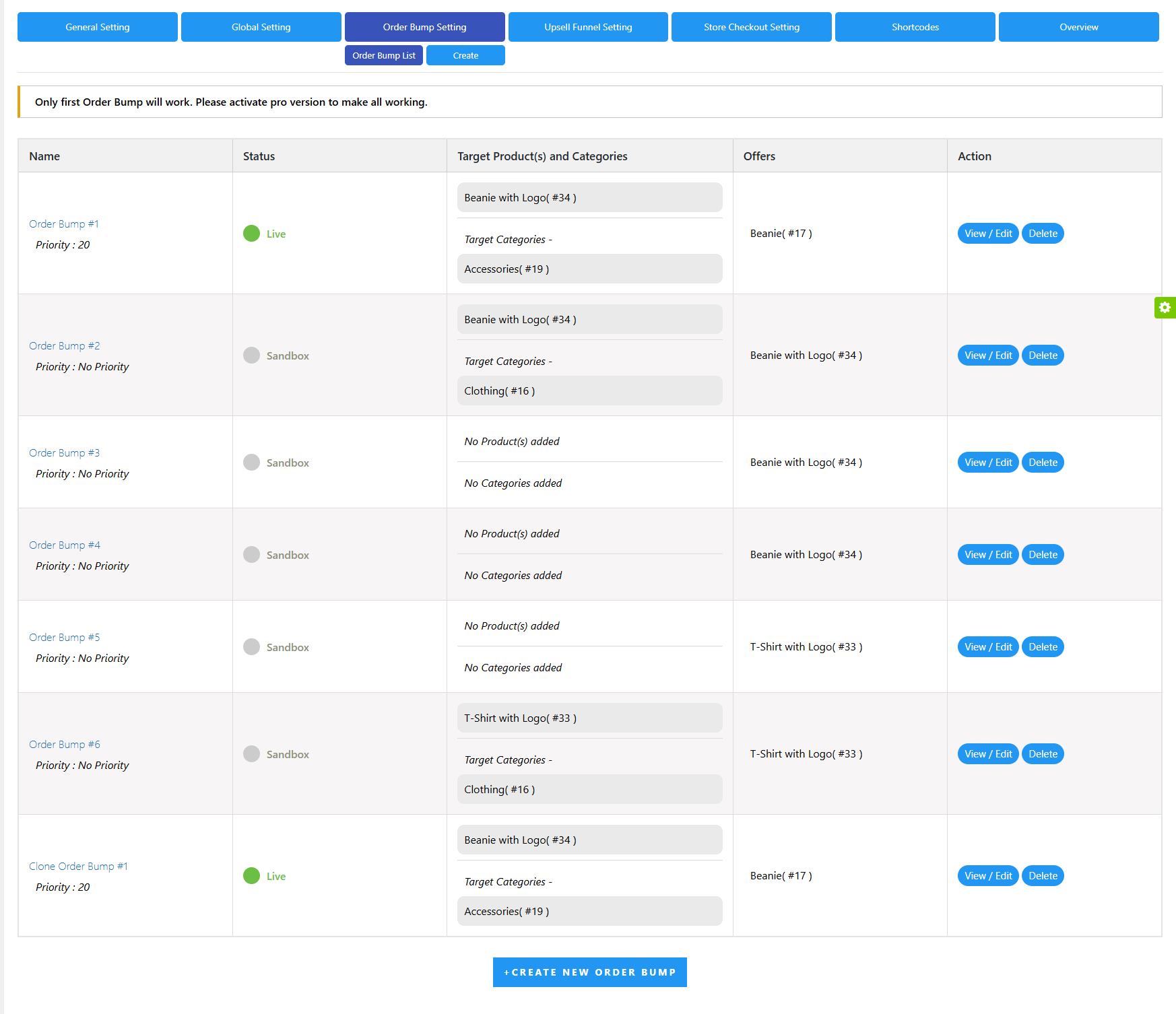 Order Bump Settings – Pre-Bump List