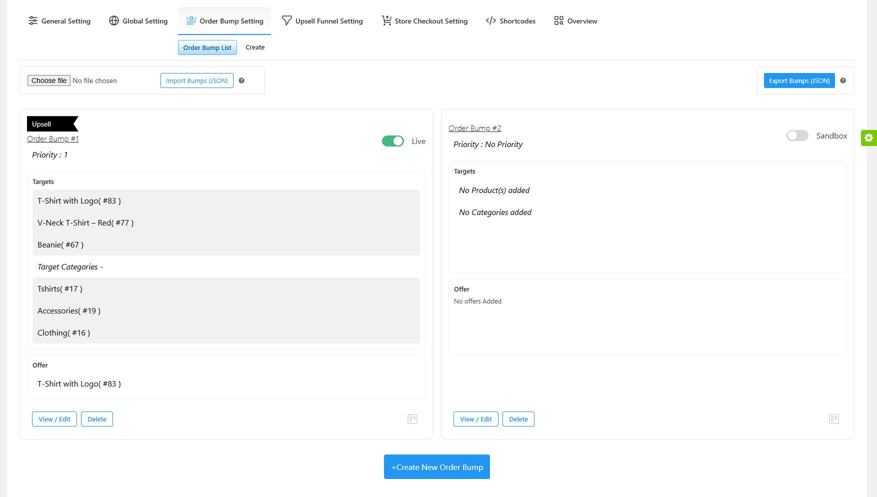 Order Bump Settings – Pre-Bump List