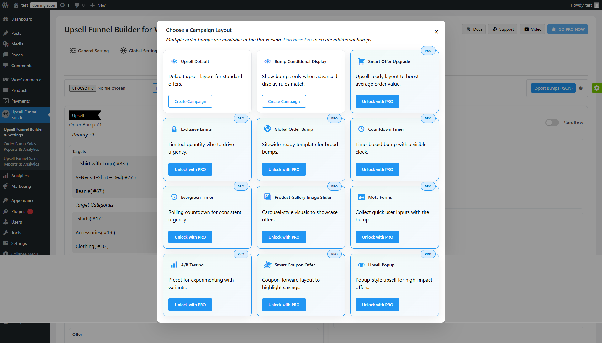 Order Bump Settings - Select Campaigns Layout