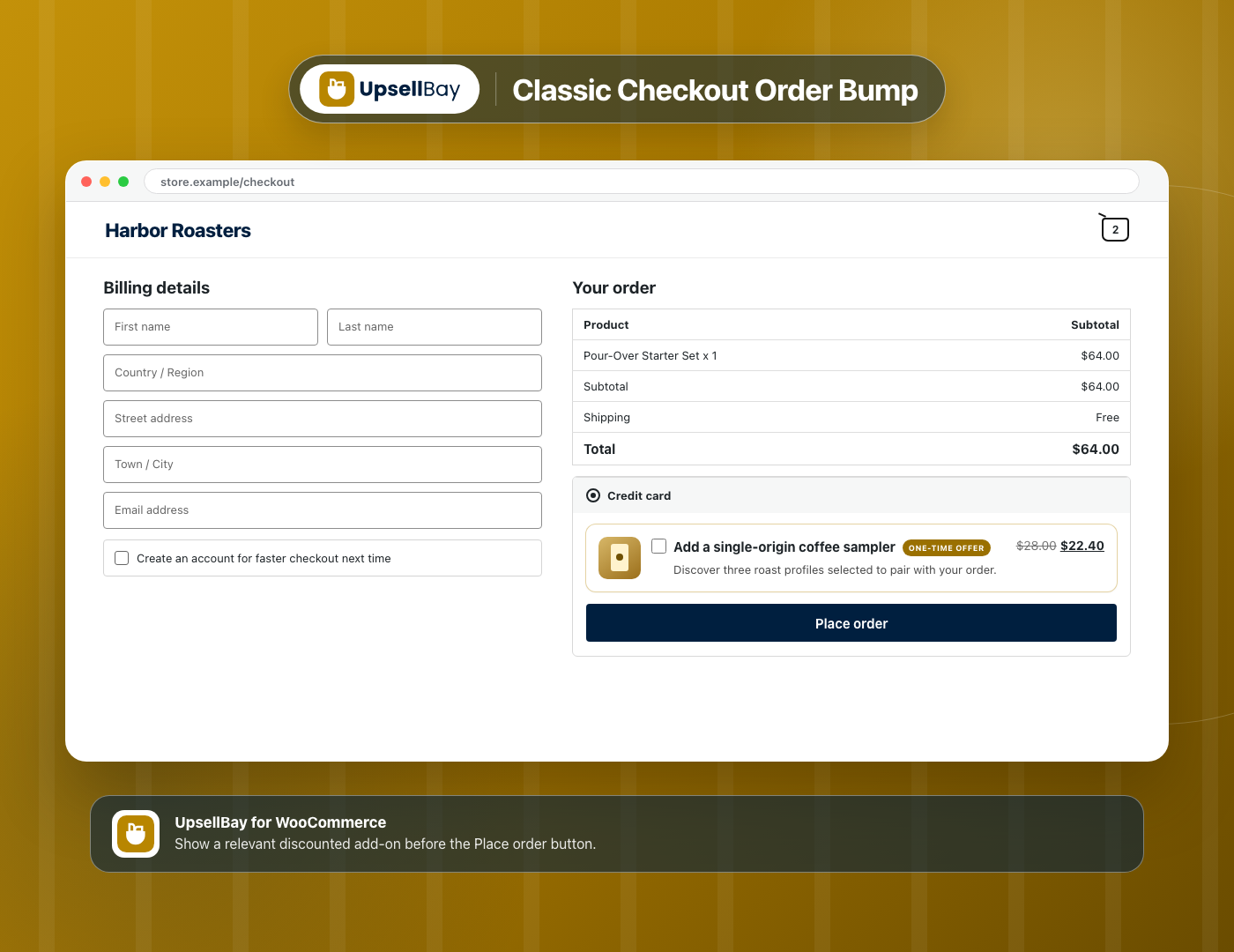 Classic Checkout Order Bump - Show a relevant discounted add-on before the Place order button.
