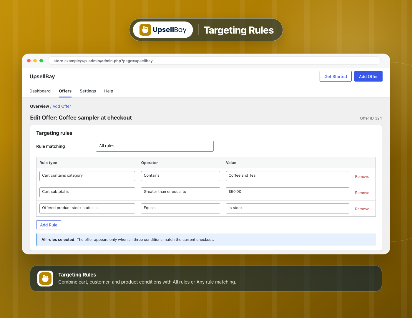 Targeting Rules - Combine cart, customer, and product conditions using All rules or Any rule matching.