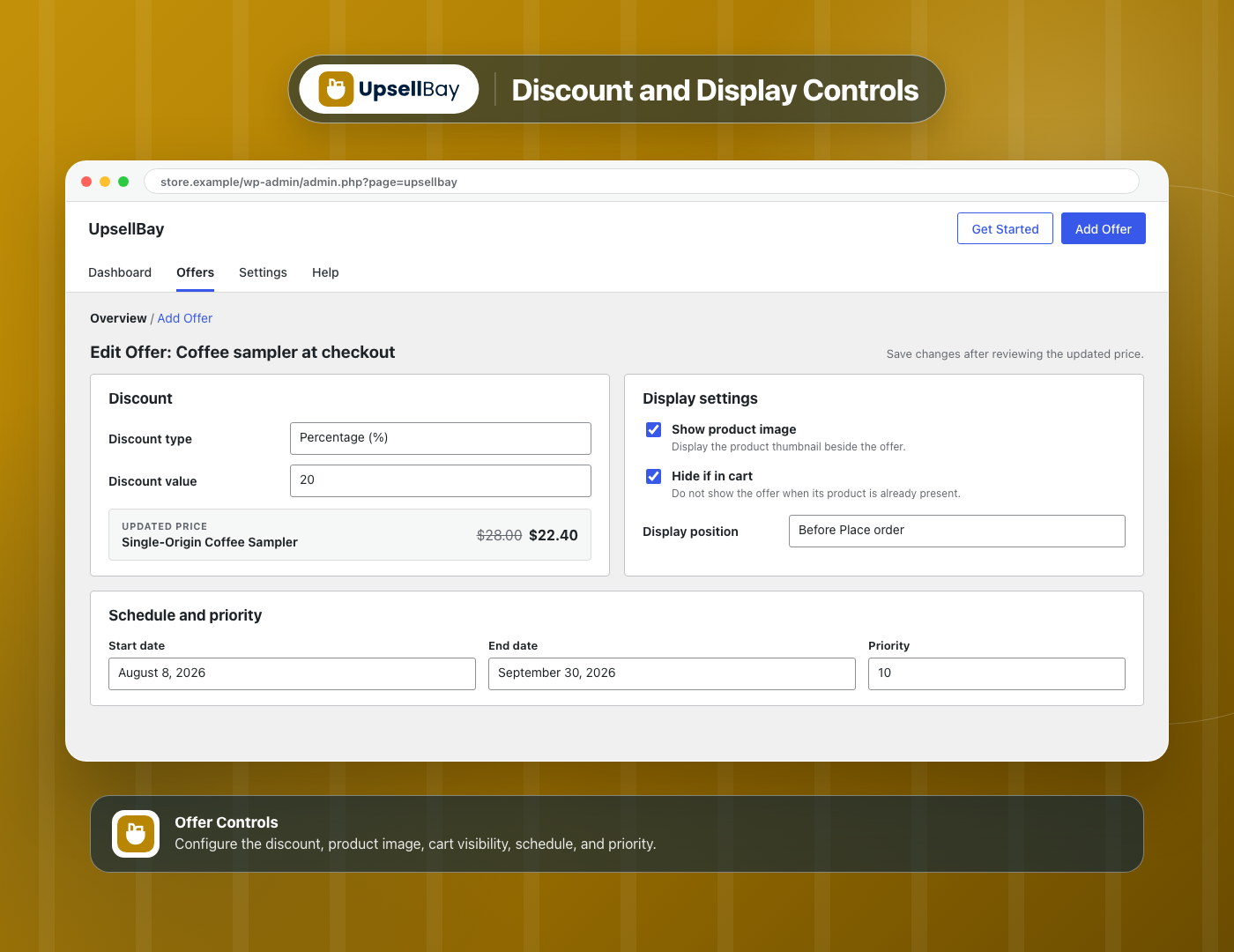 Discount and Display Controls - Configure the discount, product image, cart visibility, and placement settings.