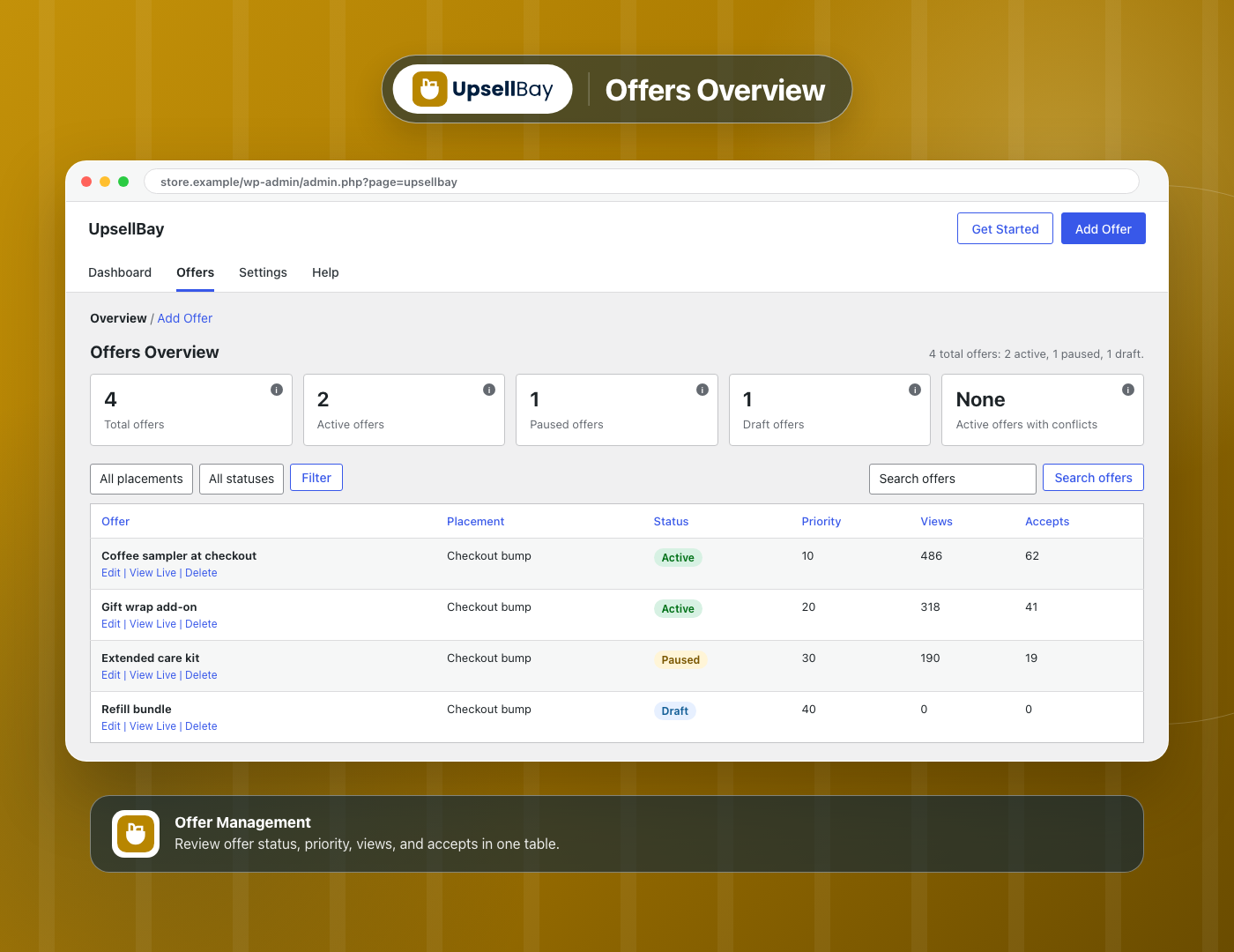 Offers Overview - Review offer status, priority, views, and accepts in one table.