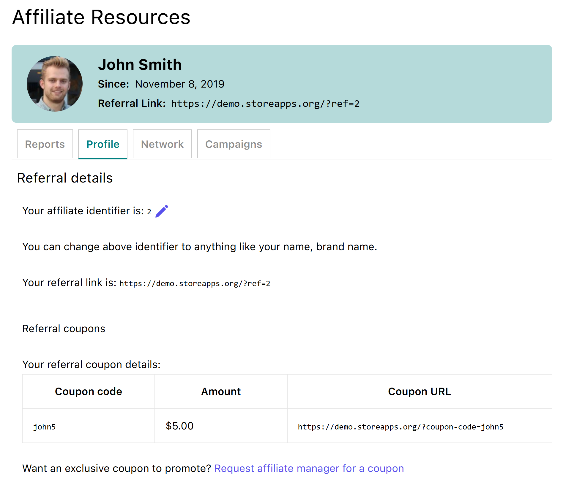 Find referral coupon URL from the affiliate's dashboard (when the Affiliate For WooCommerce plugin is active)