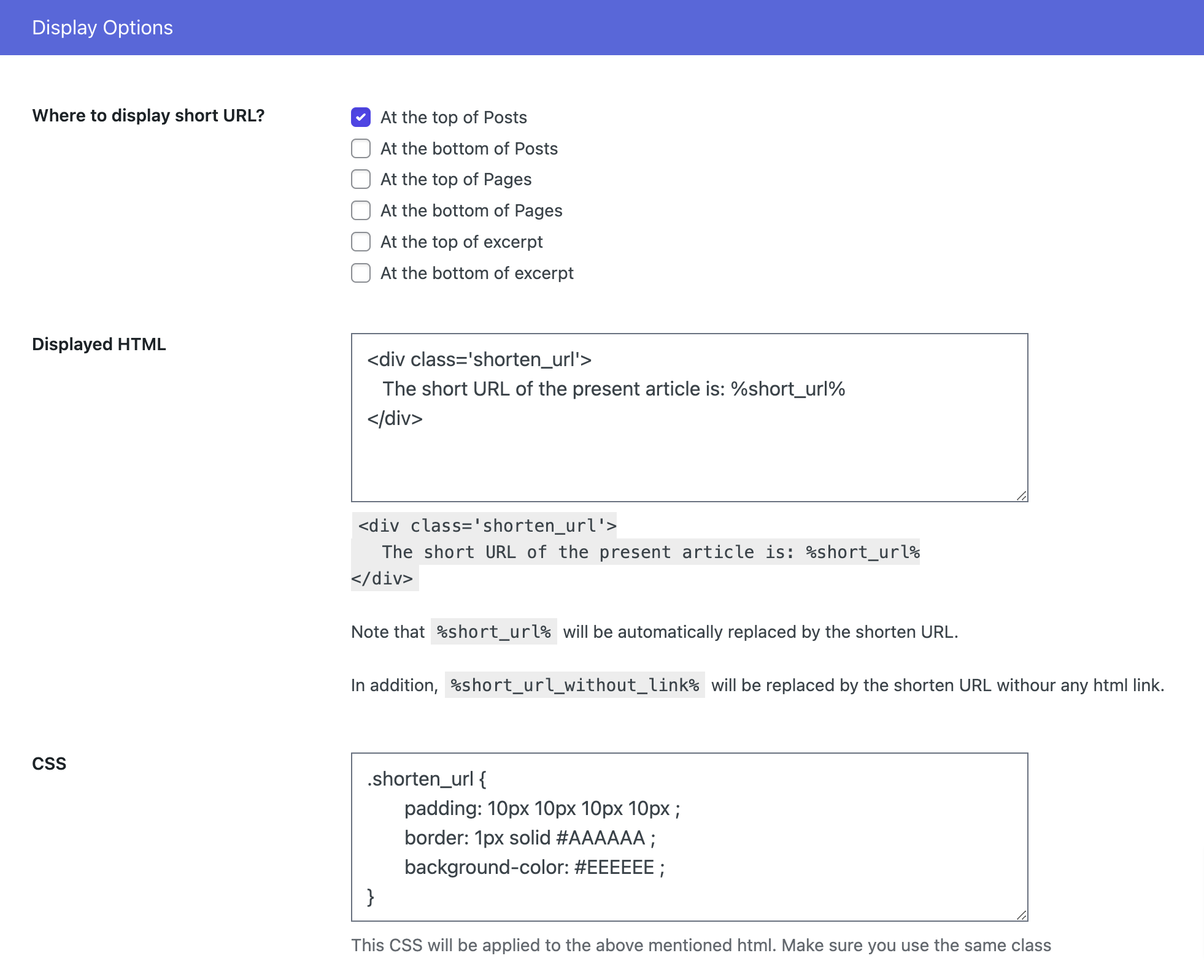 <p>Short URL Display Options</p>