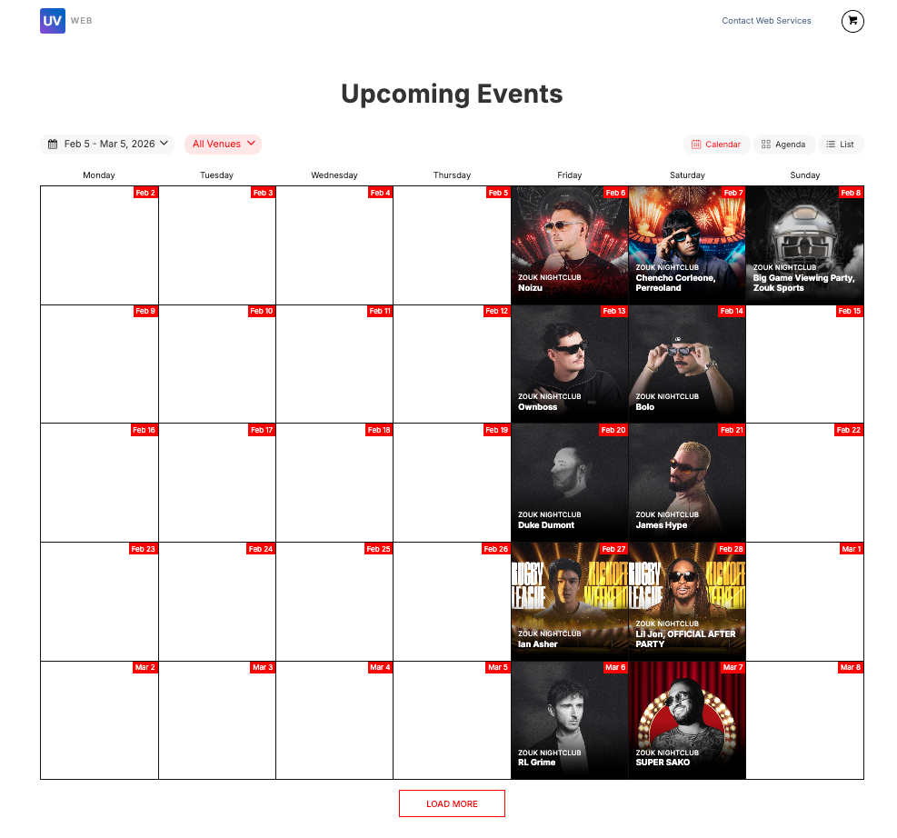 Events displayed in calendar view with date filtering and venue selection.