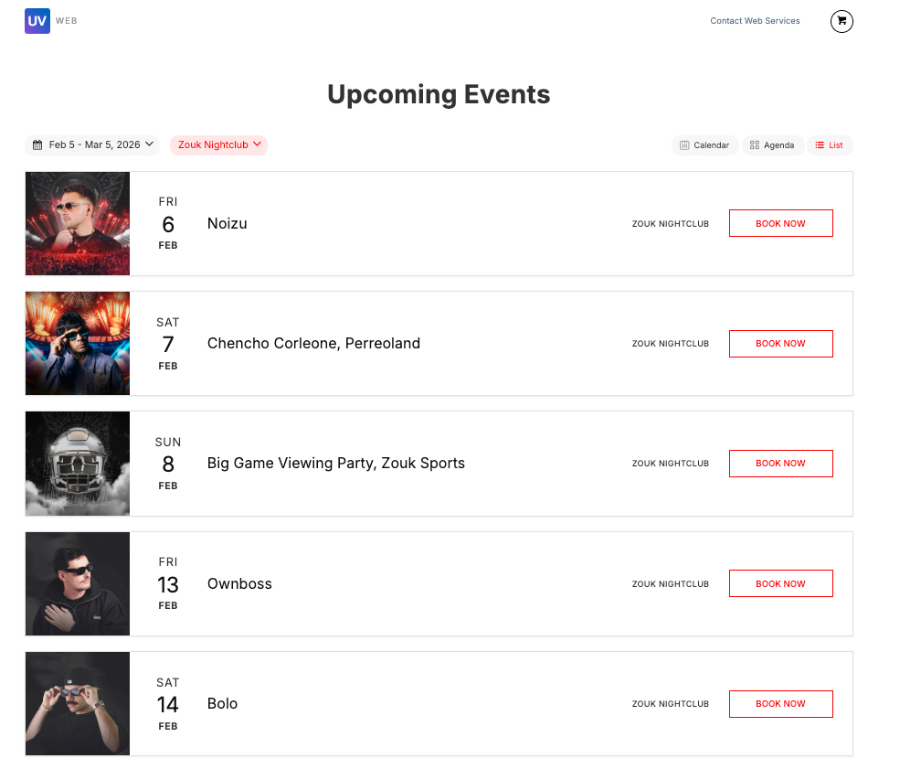 Events displayed in list view with event details and booking buttons.