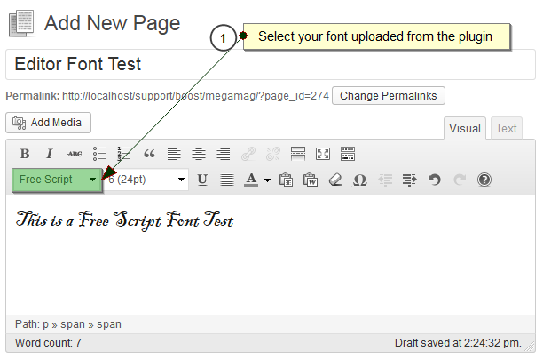 Screenshot #3. Assign font directly from Wordpress Editor