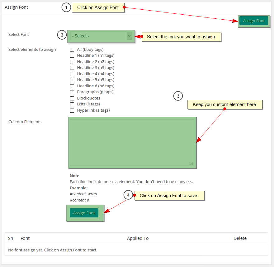 Screenshot #6. Assign fonts to custom elements.