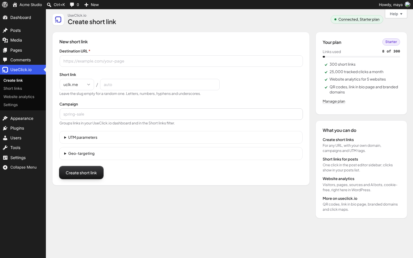Create link screen: domain, custom slug, campaign, UTM parameters and geo-targeting, with your plan's usage.