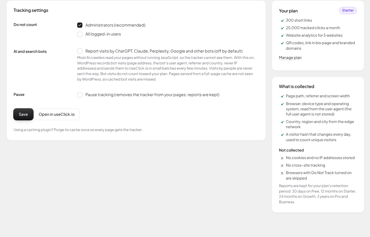 Website analytics settings: who is not counted, optional AI bot reporting and what is collected.
