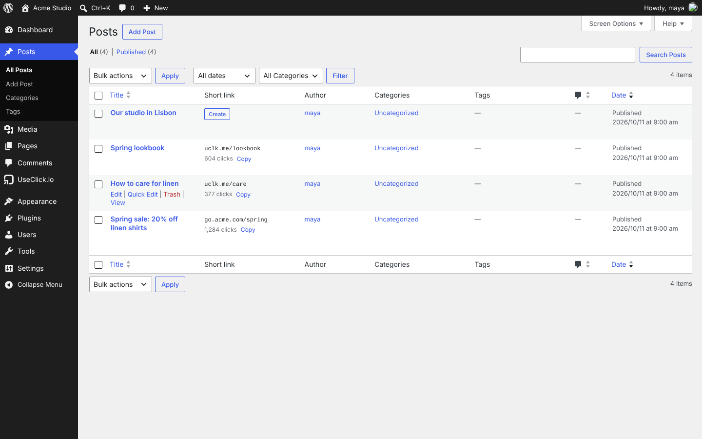 Short link column in the posts list, with click counts.