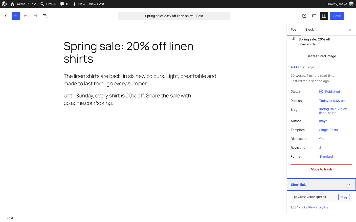 Short link panel in the block editor sidebar.