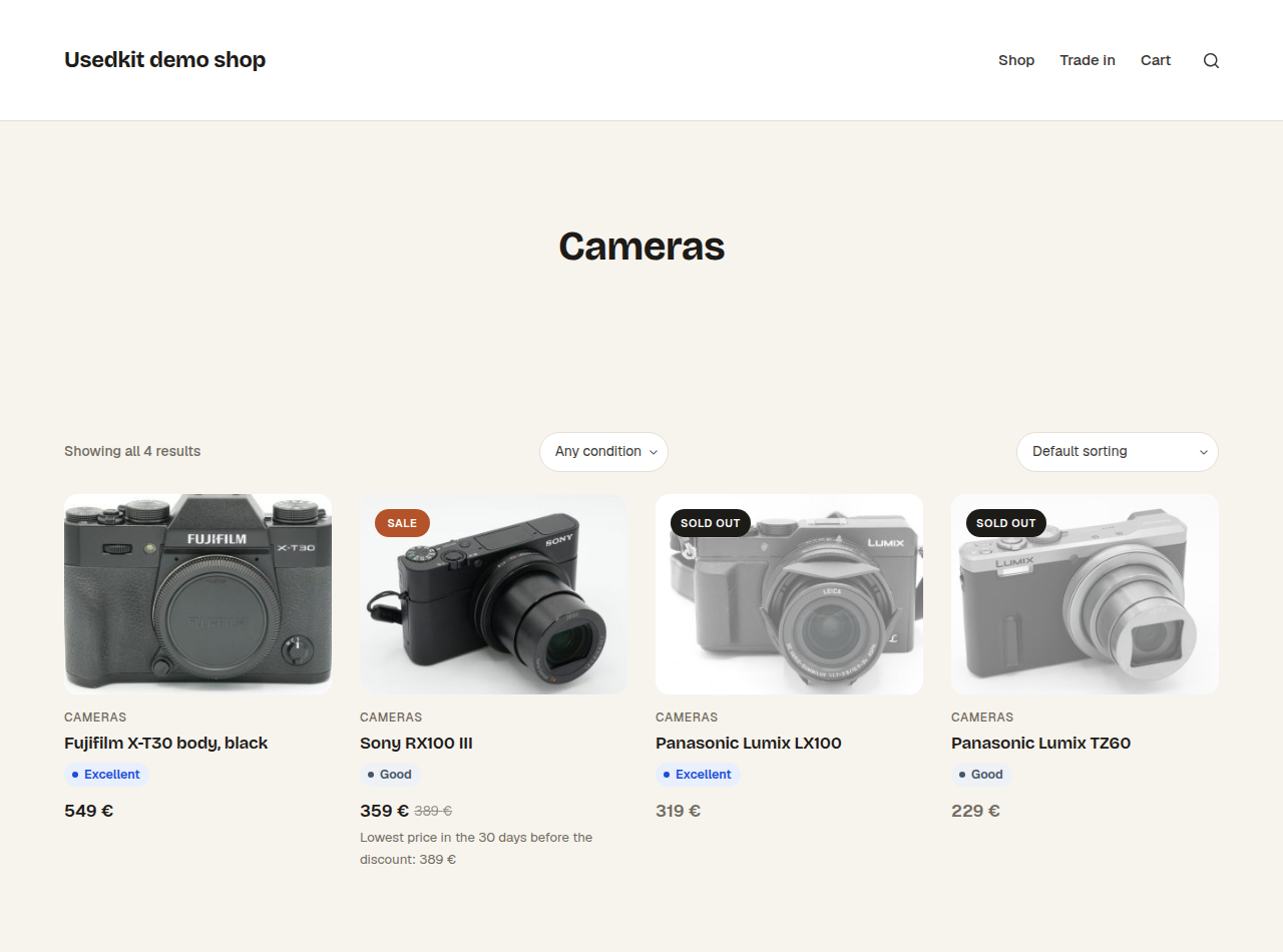Condition grades on product cards, and a filter for them.