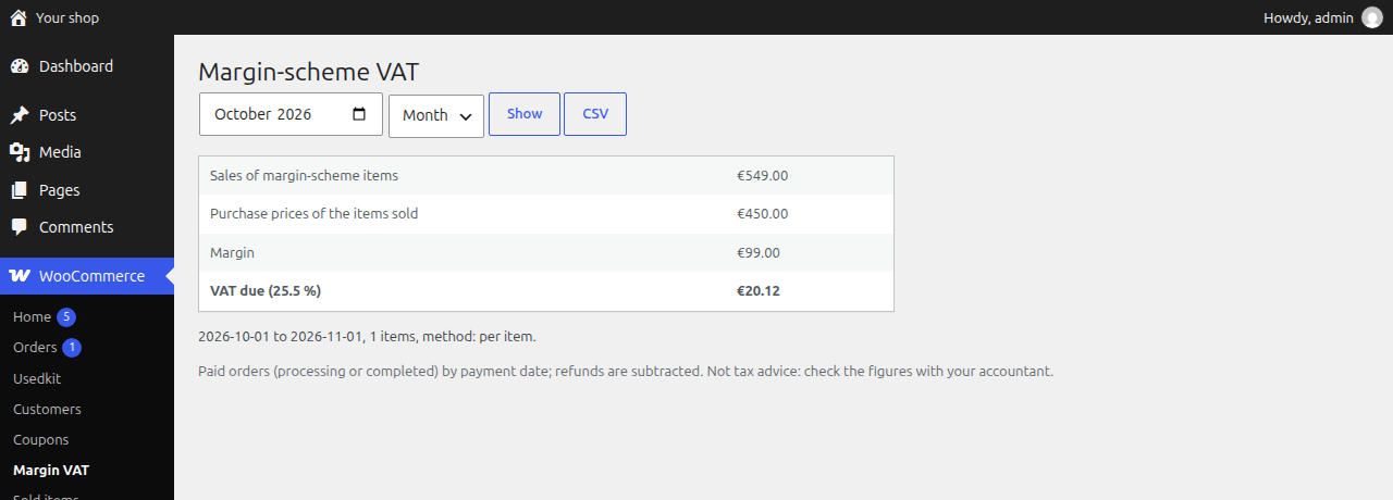 The margin-scheme VAT report for a month.