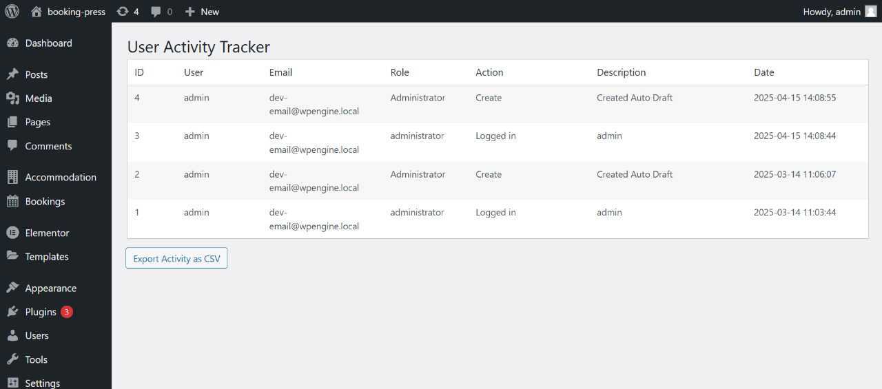 A screenshot of the activity log interface.