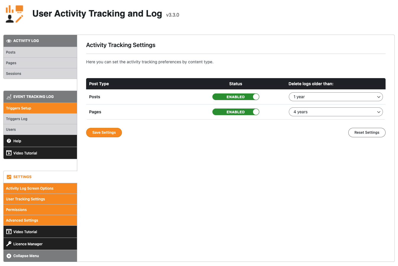 User Activity Tracking and Log - General Settings