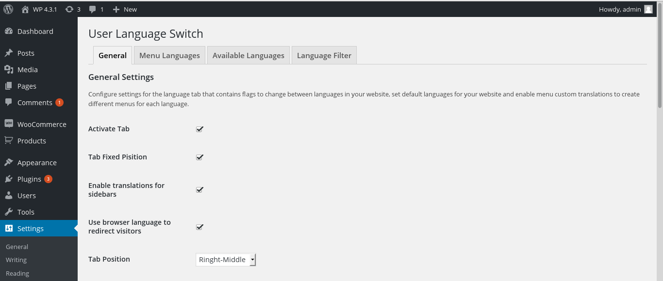 This screenshot illustrates User Language Switch options available in the settings page.