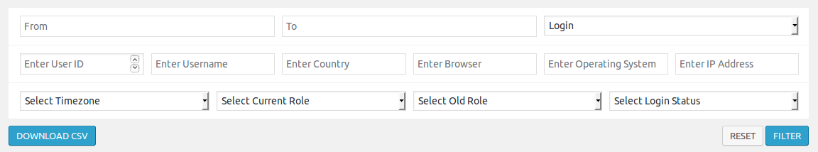 Advanced search form to filter the records of user logins