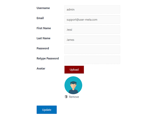 Front-end user profile form