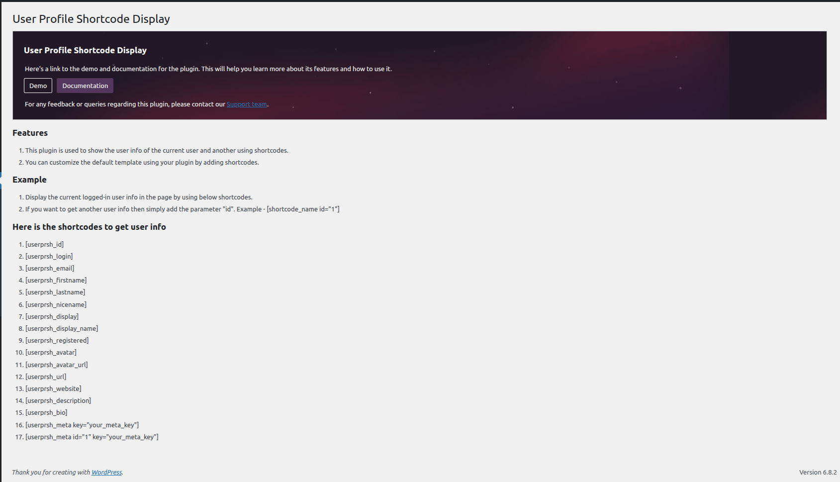 Display the plugin shortcodes setting page