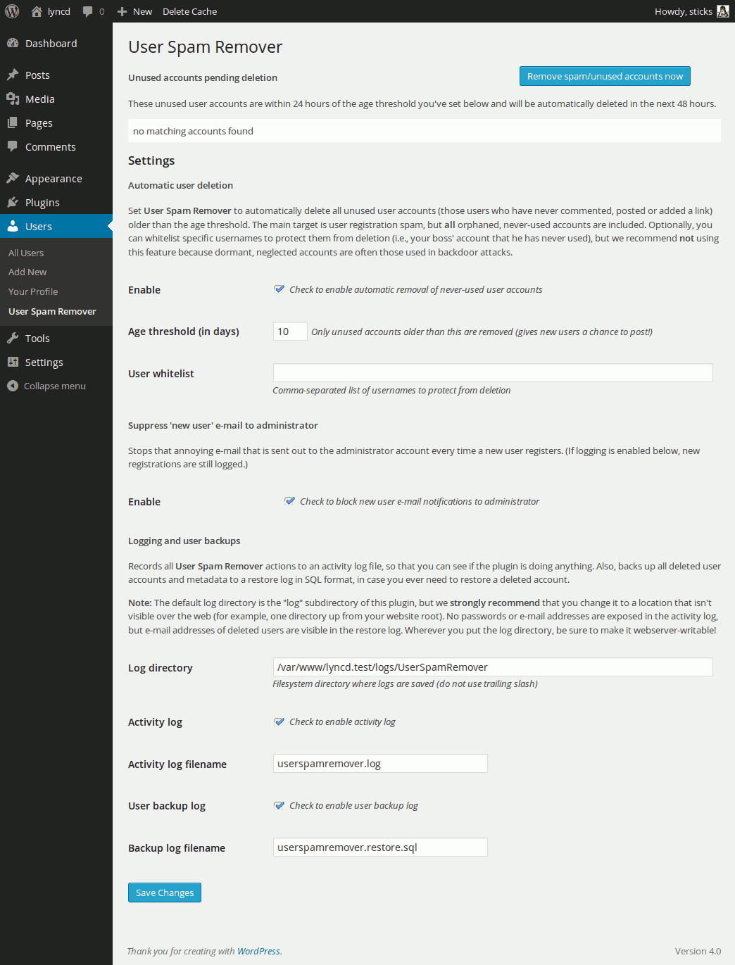 The plugin's exciting configuration screen (added under WordPress' Users menu).