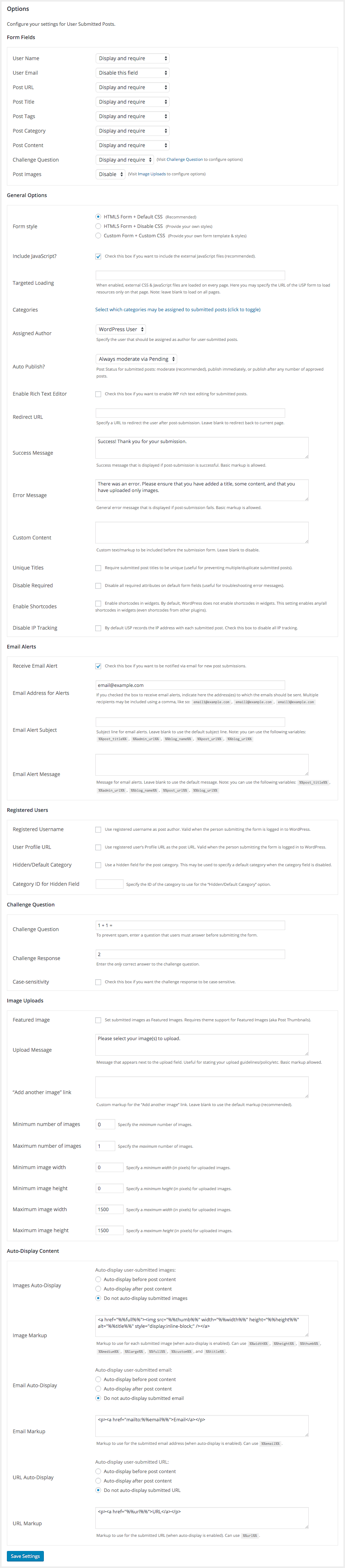 USP Plugin Settings, showing default options (panels toggle open/closed)