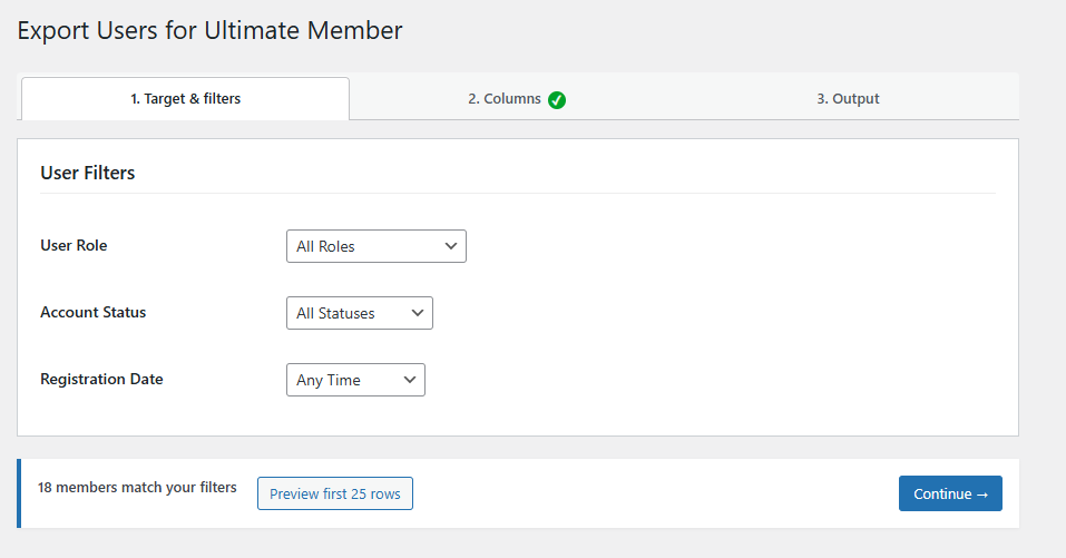 Export Users for Ultimate Member filter and column mapper screen